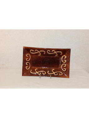 Art Glass Rectangular Tray Amber Brown w/ Gold Scroll Design Decorative Dish